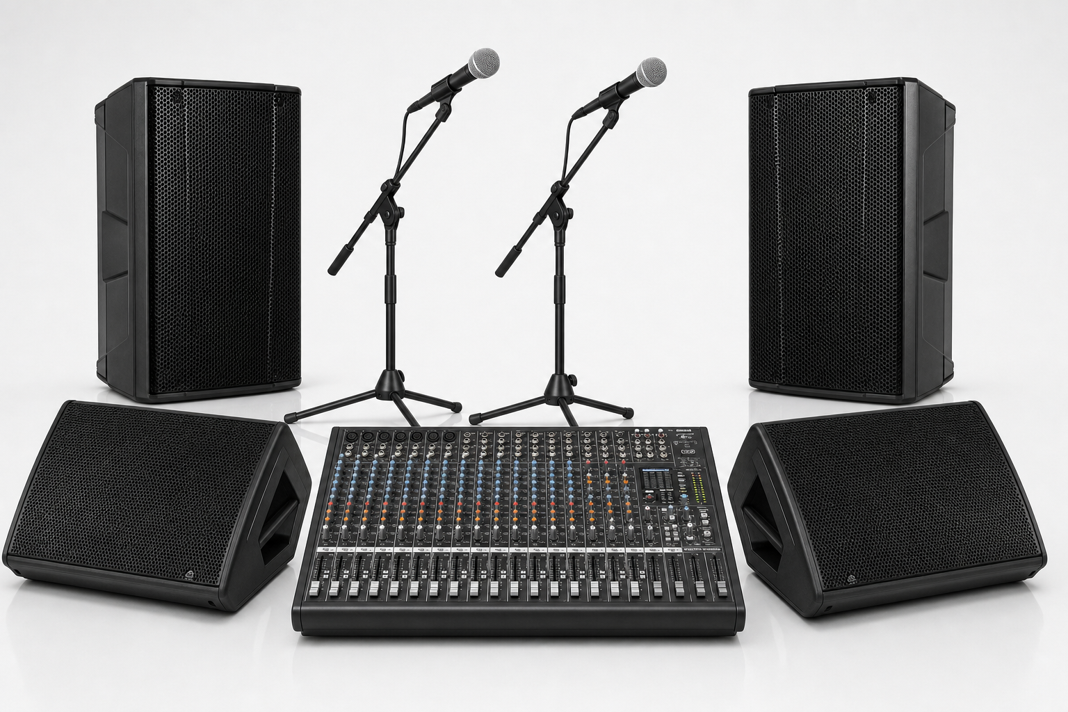 PA hire package with two active tops, two floor monitors, two mic stands with microphones, and a 24-channel mixer
